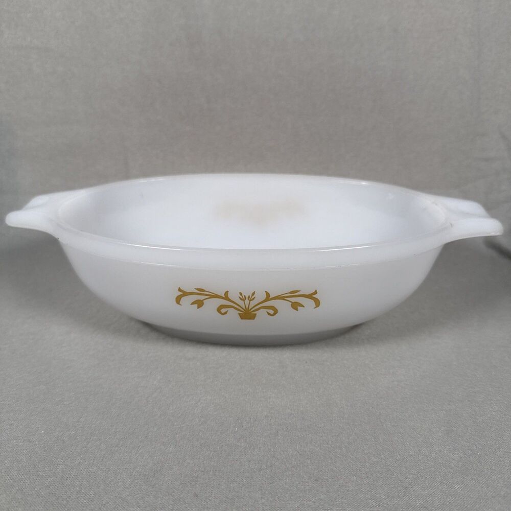 Vintage Glasbake J2274 1QT Casserole Dish Gold White Milk Glass Oval Small Nicks